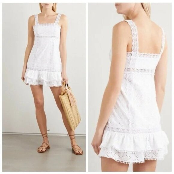 Charo Ruiz Nawa Crochet Lace Trim Square Neck Cotton Mini Dress, White, XS - Picture 1 of 15